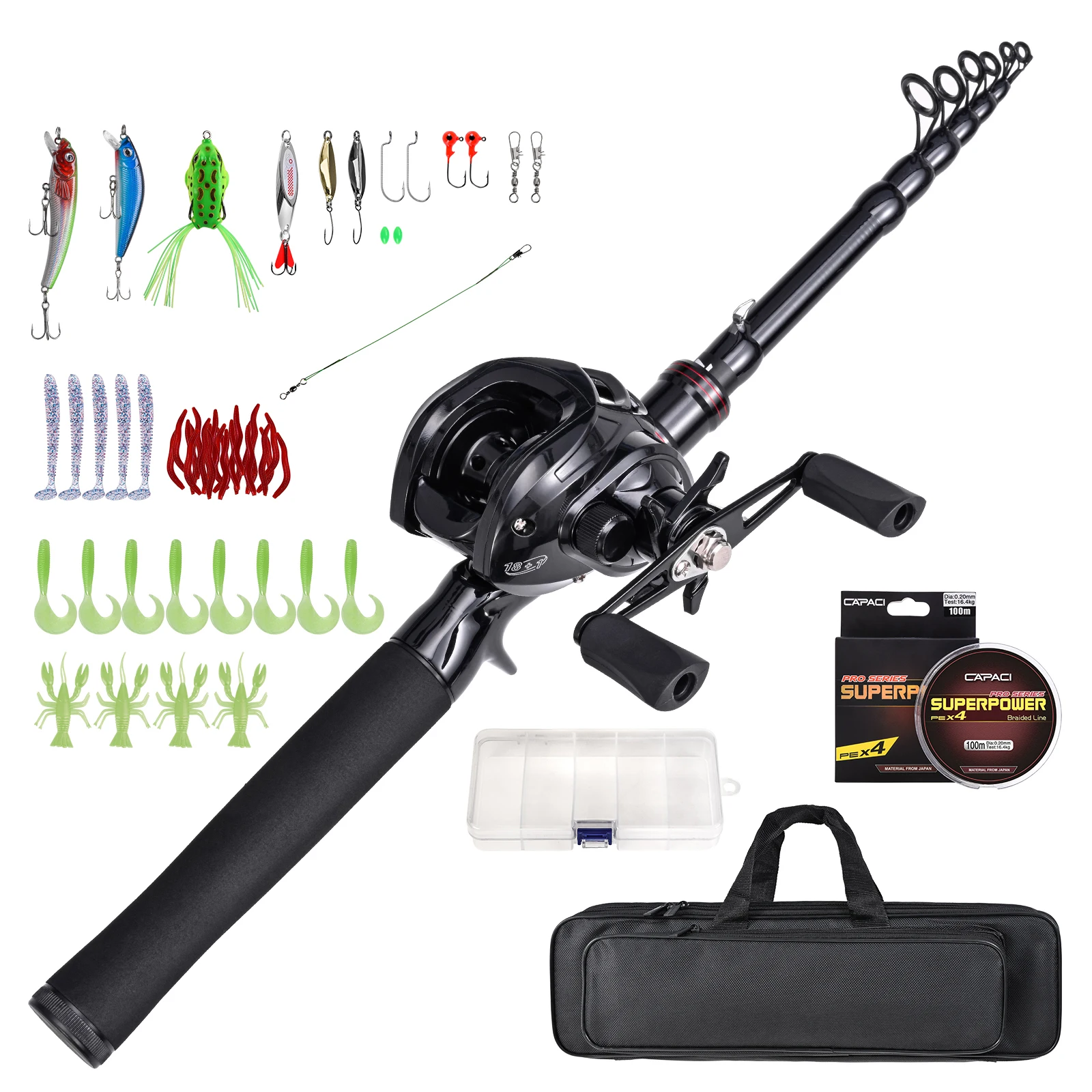 Fishing Rod & Reel Combo Set Portable Telescopic 180cm/210cm with Spinning Reels Bait and Hook Accessories Fishing TackleBag