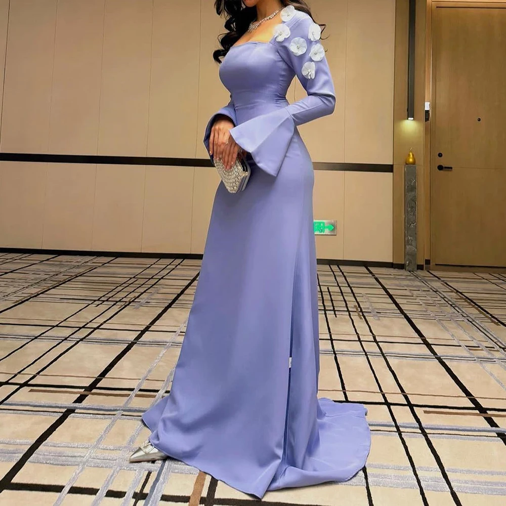 High Quality 3D Flowers Jersey Straight Evening Dress Exquisite Floor Length Square Neck Long Sleeves vestidos de noche