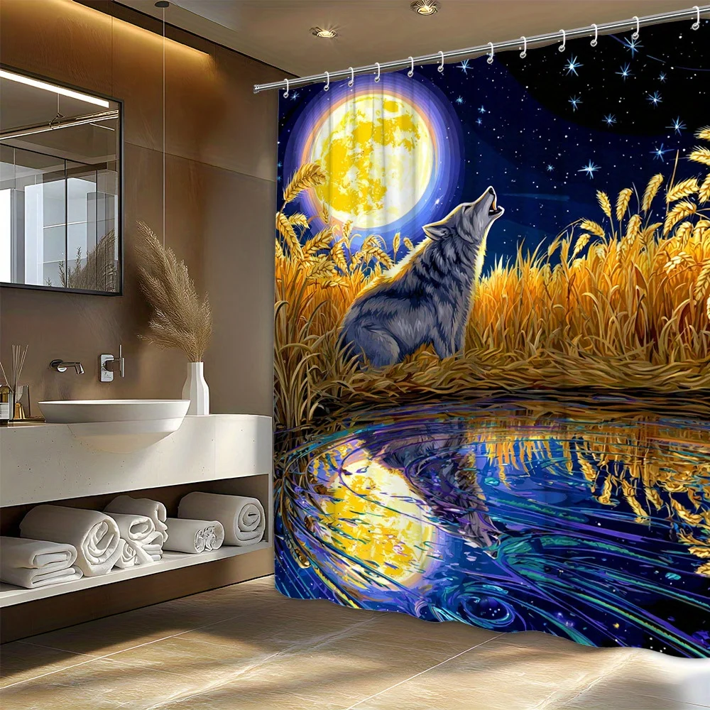 

1 шт., занавеска для душа из полиэфирной ткани Moonlit Wolf — природный пейзаж, сцена с животными с вывалами волка в полнолуние, золотистая