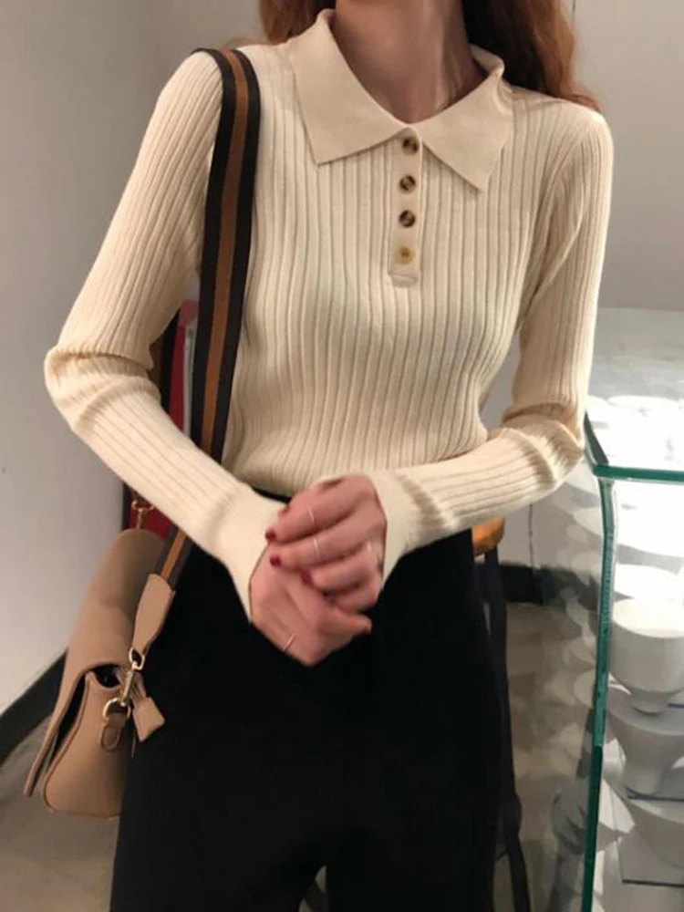 Buttons Turn-down Pullovers 2022 Women Sweater Basic Sweet Knit Jumper Korean Sweater Pull Femme Top Chic Elasticity Winter