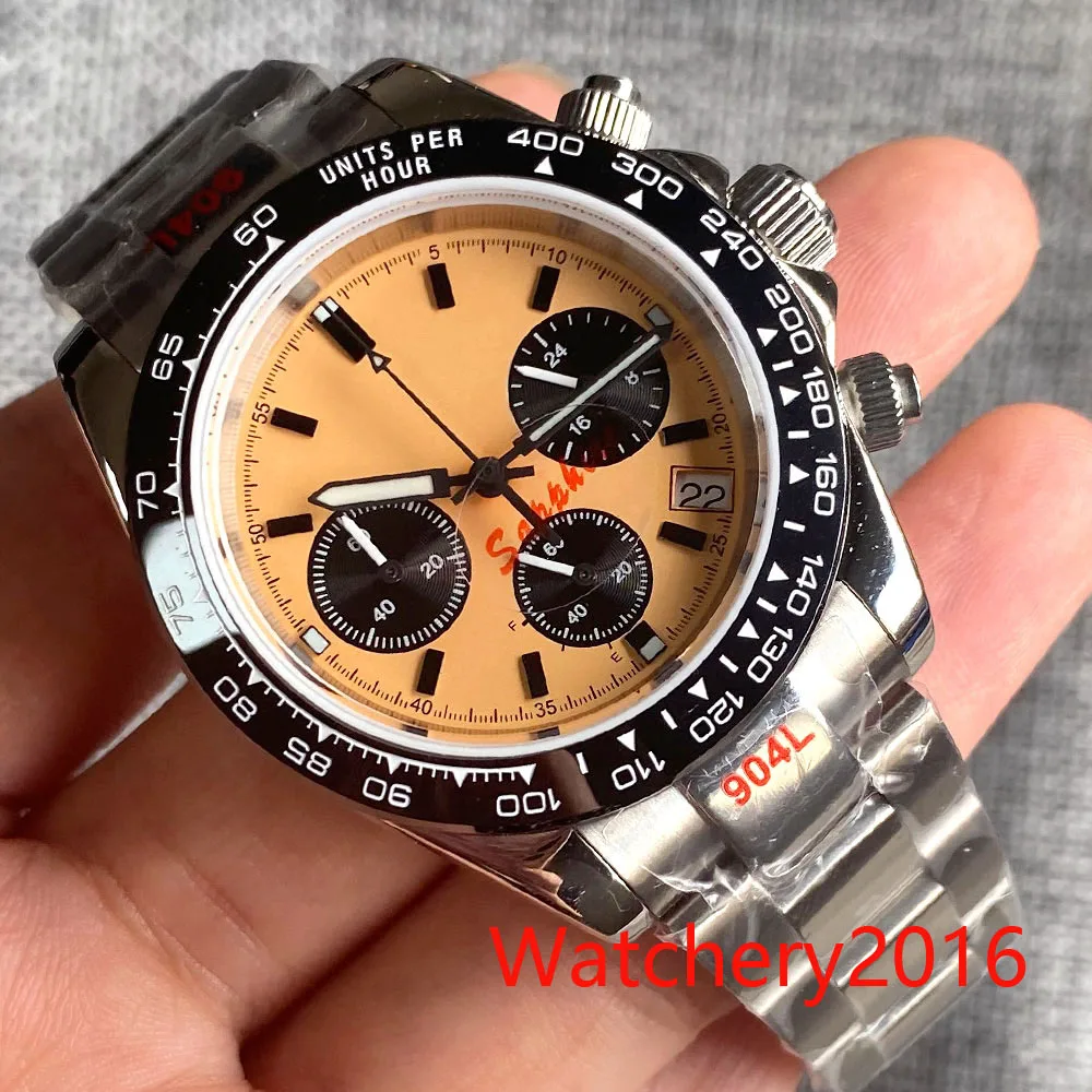 ที่กําหนดเอง 39 มม.สีเหลืองปราศจากเชื้อ dial Vk63 การเคลื่อนไหวรุ่น Multi-Function Full Chronograph QUARTZ Mens นาฬิกาสายยางสร้อยข้อมือ