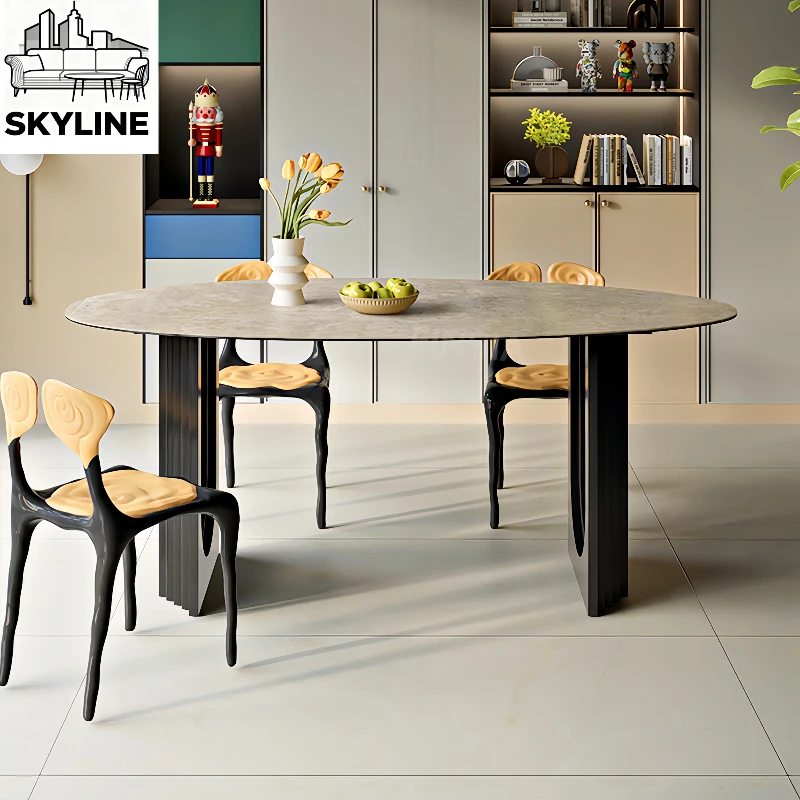 Water-Drop Travertine Slab Dining Table Set Light Luxury Modern Furnish With Matching Chairs For Home Dining Room