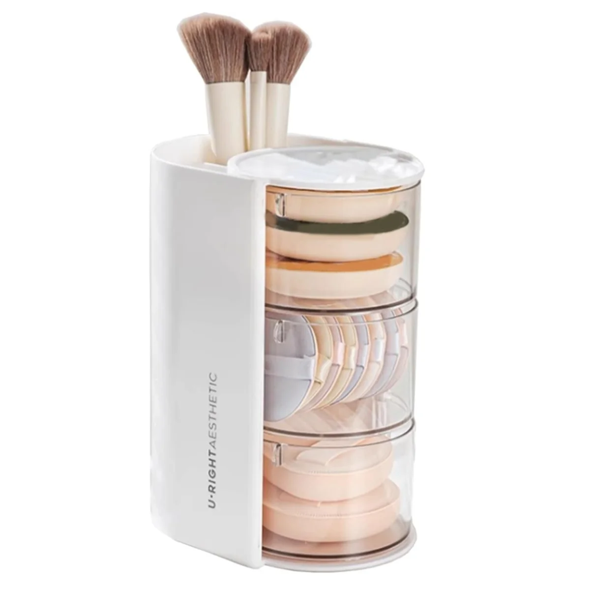 Makeup Brush Holder Makeup Brush Organizer with 2 Slot, 3-Layer Rotating Cosmetic Organizer, Desktop Makeup Box, White