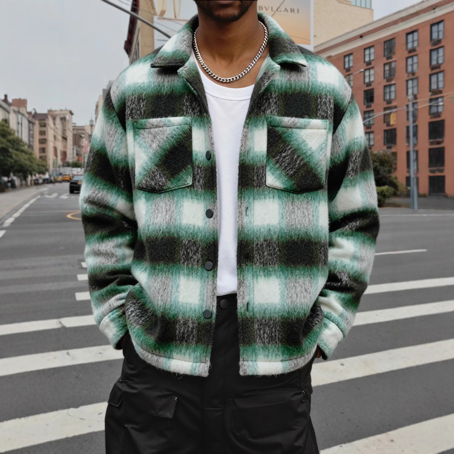 2026 Style Chongfeng V-neck Check Shirt for Men Winter High-end Casual Cozy Wool Jacket for Men Men's Shirt