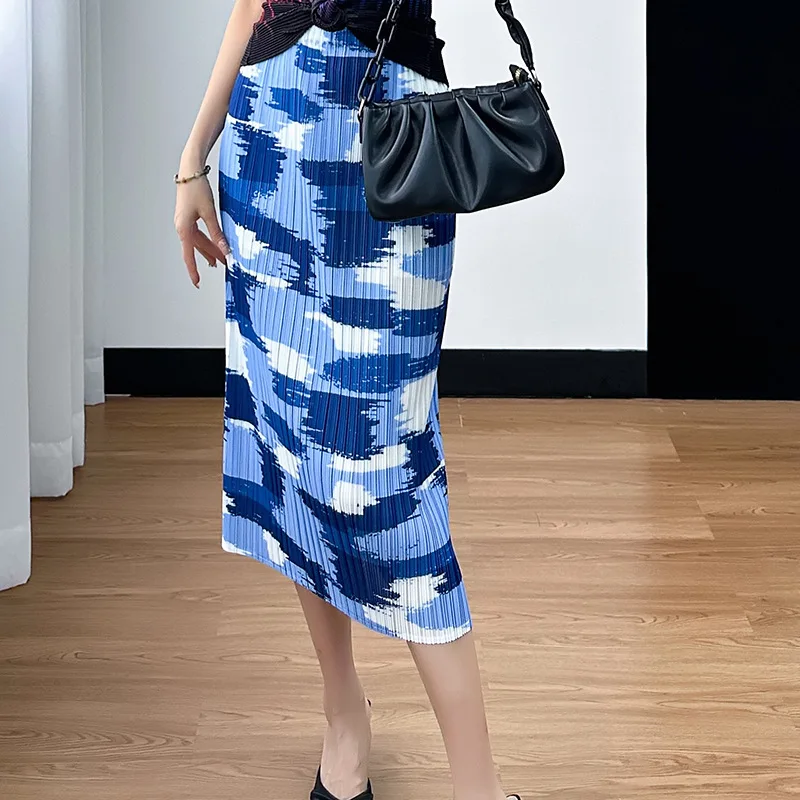 

Miyake Pleated Tie-dye Printed High-waisted Straight Skirt for Women 2023 Summer New Korean Style Fashion Casual Designer Skirt