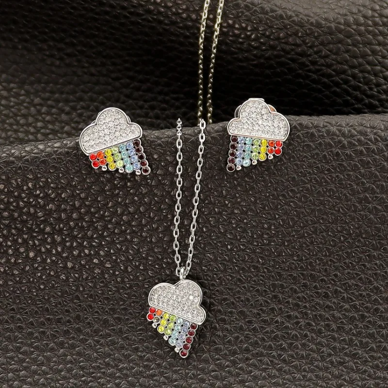 

Cloud Shape Inlaid with Colorful Color Cubic Zircon Earrings Rainbow Tassel Design Necklace Female Creative Simple Classic Femal