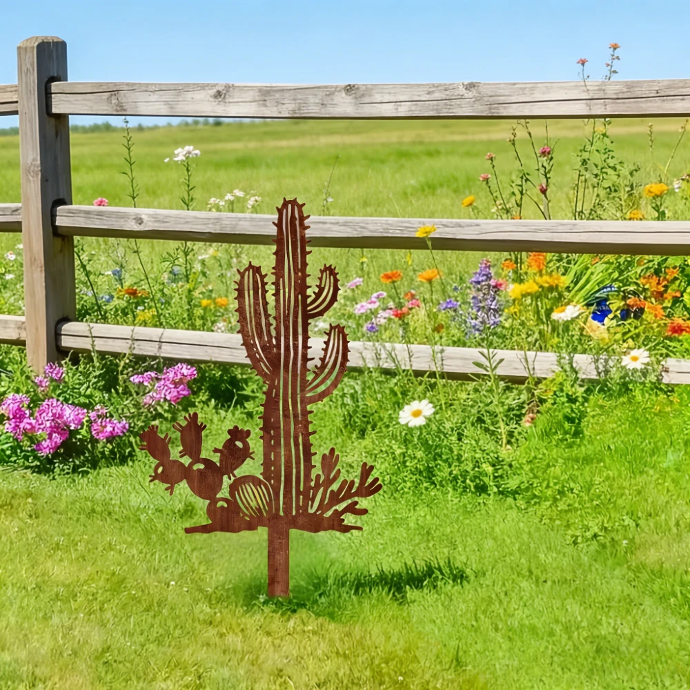 [2D Flat Design] 1 Piece Rust-Colored Cactus Metal Garden Stake - Desert Cactus Design, Outdoor Metal Decorative Art Garden Ornament, Suitable as a Gift for Gardening Enthusiasts