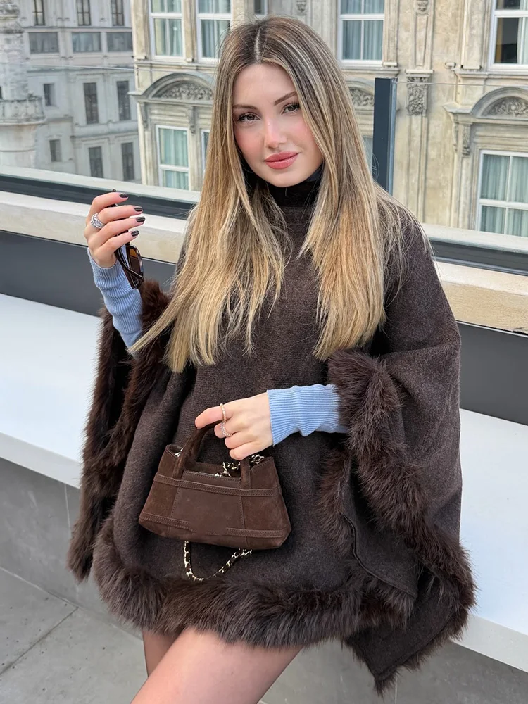 HH Women New Fashion Chic Sweater Coats Brown High Collar Artificial Fur Trim Cape Female Spring Casual Loose Knitted Tops