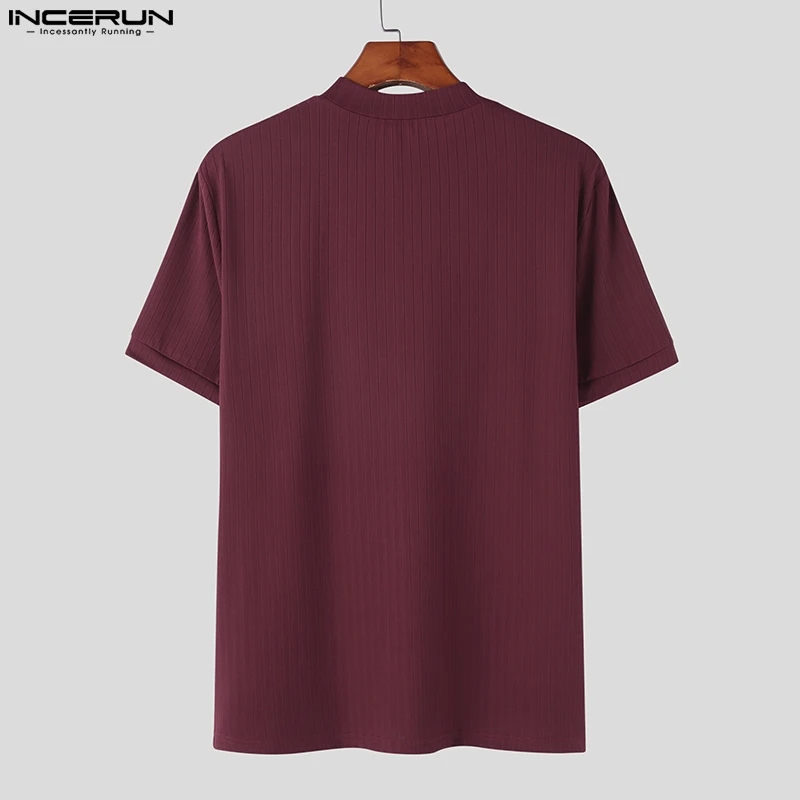 Bella vendita calda top INCERUN uomo Solid Pit Stripe maglieria Camiseta elegante maschio solido elastico manica corta t-shirt S-5XL 2024