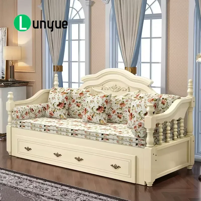 European Solid Wood Pine Sofa Bed Sliding Folding Dual Purpose Storage Couch for Living Room Space Saving Multifunctional
