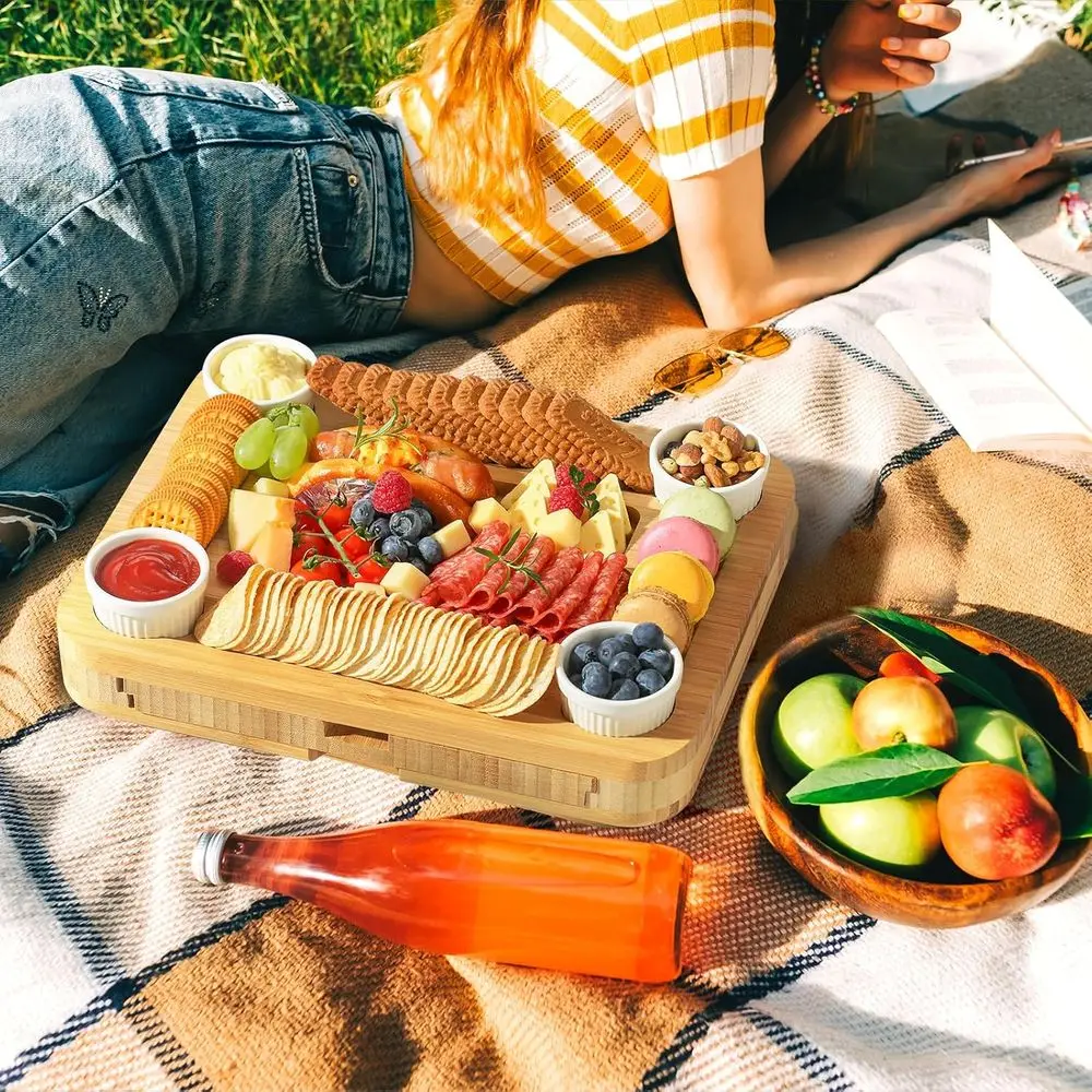 Portable Bamboo Charcuterie Board with Lid and Handle, Travel-Friendly Snack Box, Compact Cutting Board with 3 Hidden Drawers fo