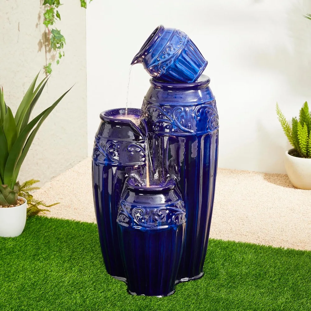 

35.5" H Oversized Outdoor Water Fountain with LED Lights and Pump, 4 Tier Cobalt Blue Embossed Pattern Ceramic Pots, Customized