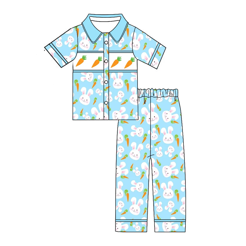 Easter 2 Piece Short Sleeve Long Pants Girls Boys Suit Bunny Carrot Print Boutique Children Suit Wholesale Summer Clothing