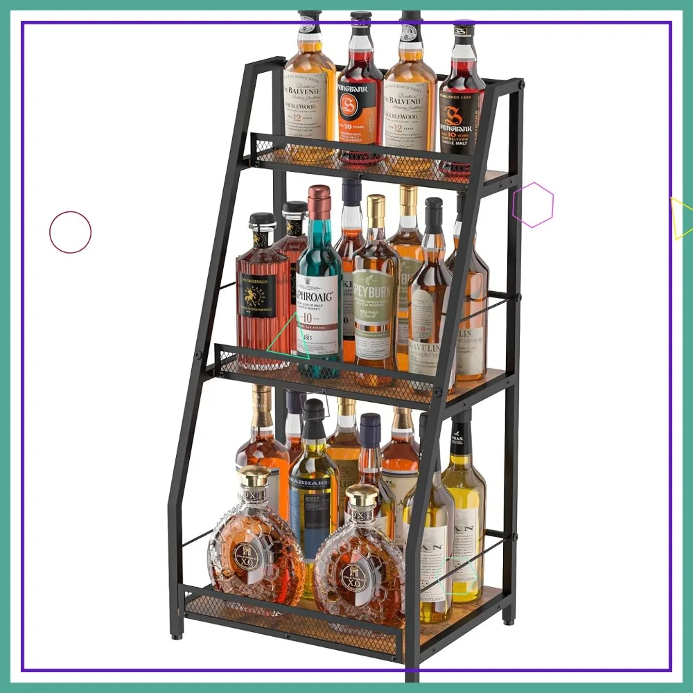 

3-Tier Trapezoid Liquor Stand for Home Bar, Stepped Wine Rack Freestanding Floor Display with Fences, Vintage Brown
