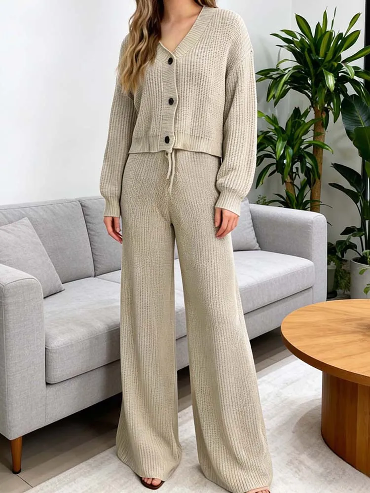 レディース秋冬ゆったりカジュアル万能ルーズウールオープン トップスとウールパンツのツーピースセット