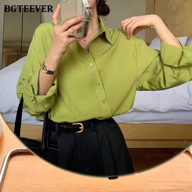 BGTEEVER Casual Lapel Single-breasted Women Shirts Autumn Long Sleeve Loose Female Solid Blouses Elegant Wome