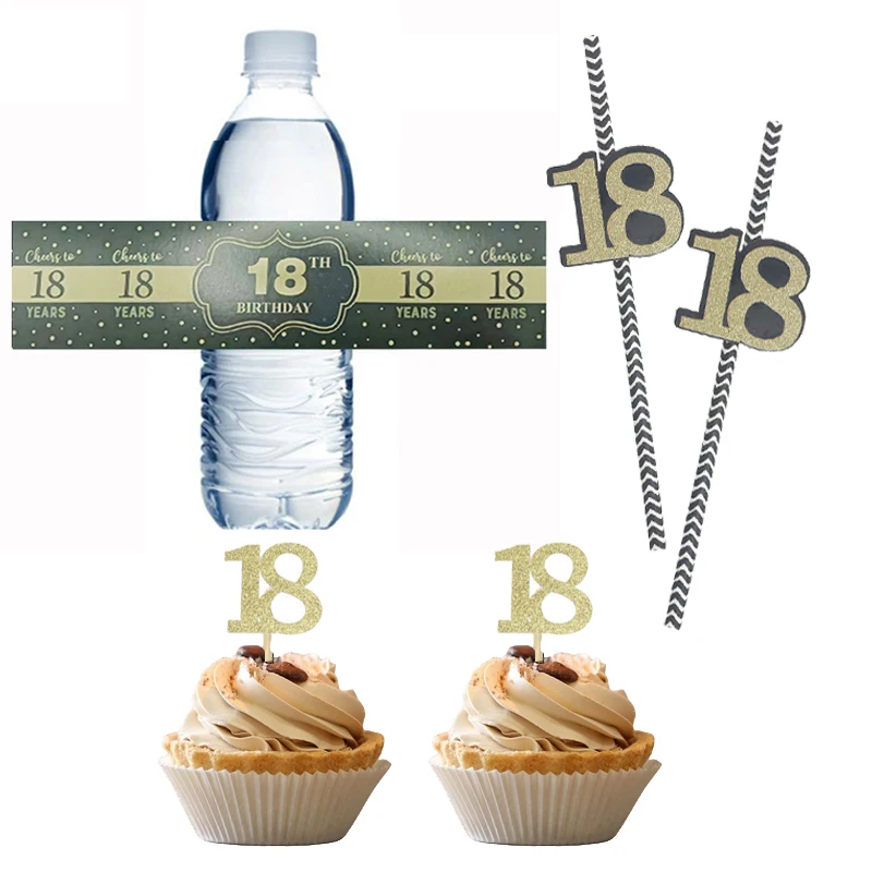 18th Birthday Party Paper Straw Bottle Sticker Cake Topper Men and Women 18th Happy Birthday Celebration Decor  Supplies