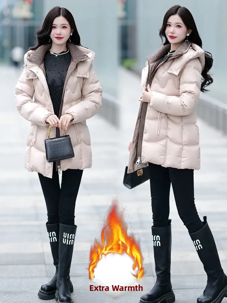 Thiened algodão para baixo Jaet feminino comprimento médio com capuz acolchoado casaco coreano sle commute solto ajuste longo sve fechamento com zíper
