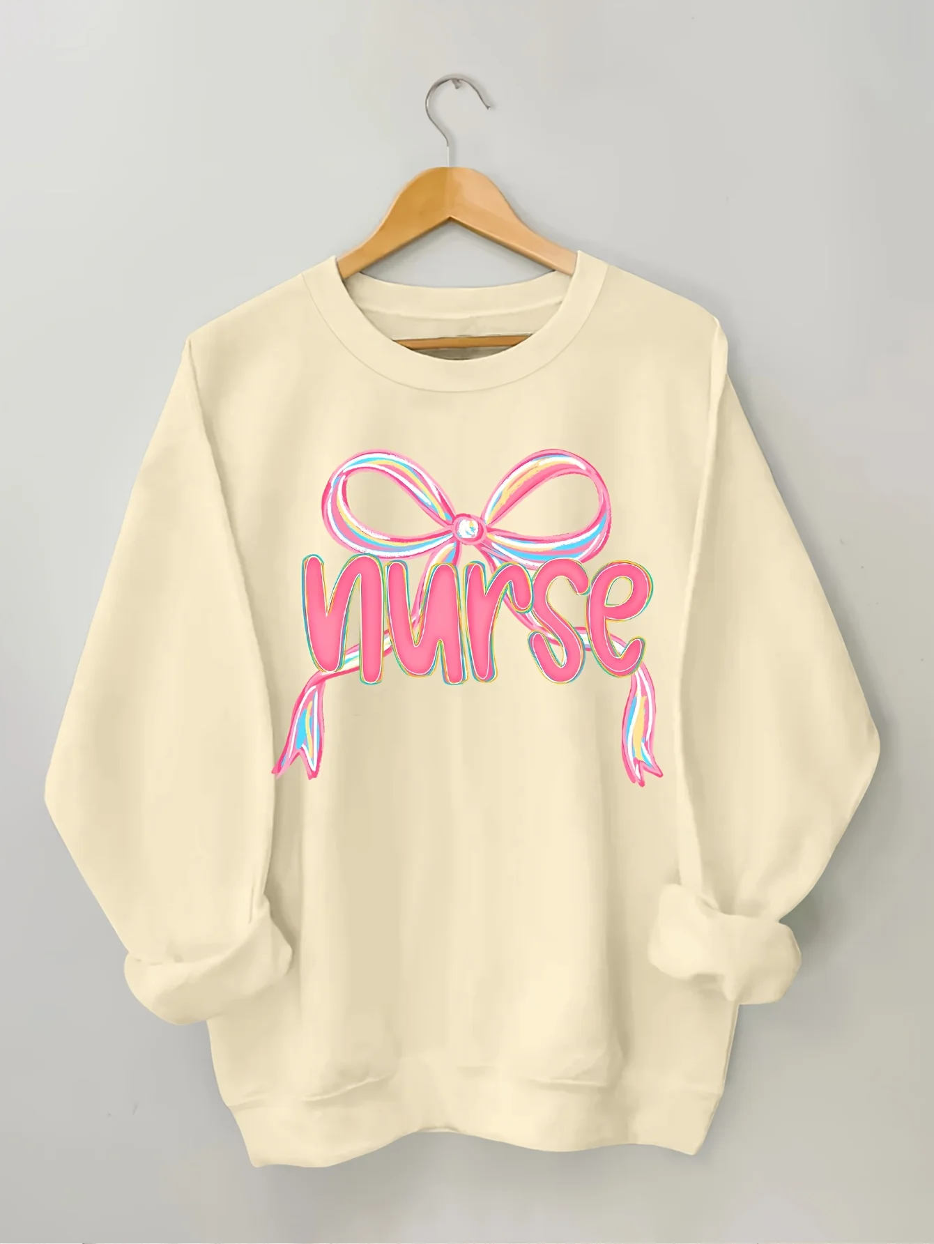 Women's Printed Nurse Sweatshirt-Beige Blouse with Pink Lace Pullover Casual Medium Elastic Pullover for Health Professionals