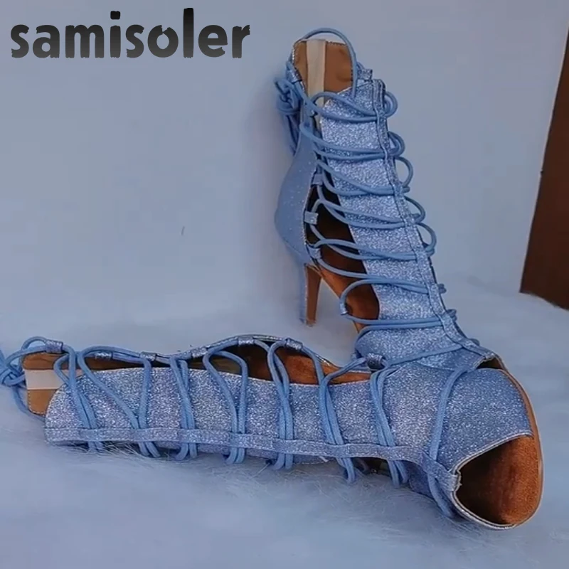 Samisoler-Botas de tacón alto con correa para mujer, calzado de interior, fondo suave, baile profesional, encaje, Bola de diamante, fiesta, baile