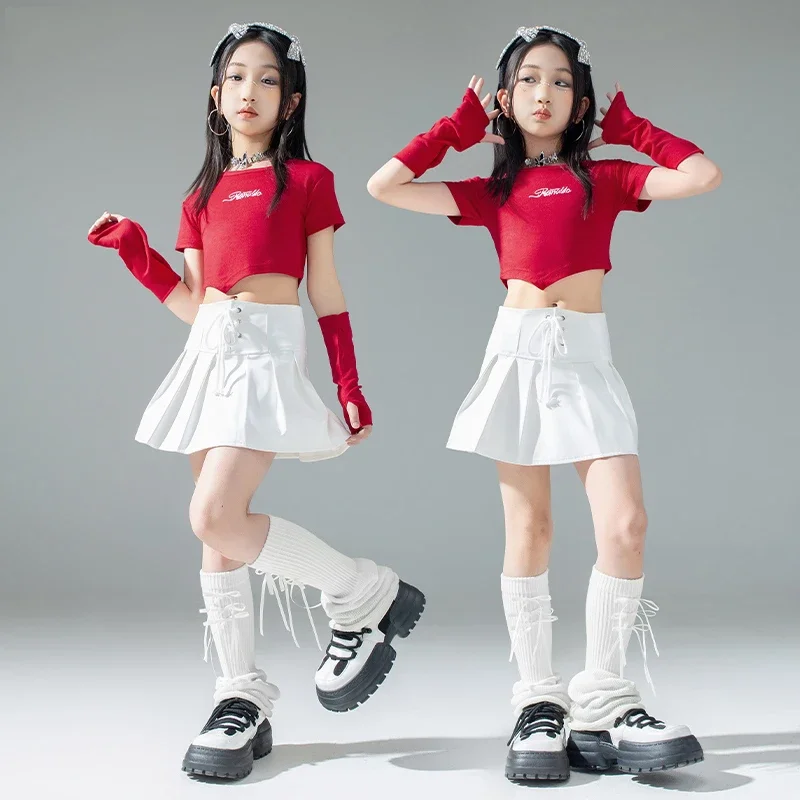 

Jazz Dance Children Clothing Girls Kpop Dance Red Tops White Leather Skirt Kid Model Show Stage Outfit Fashion Streetwear