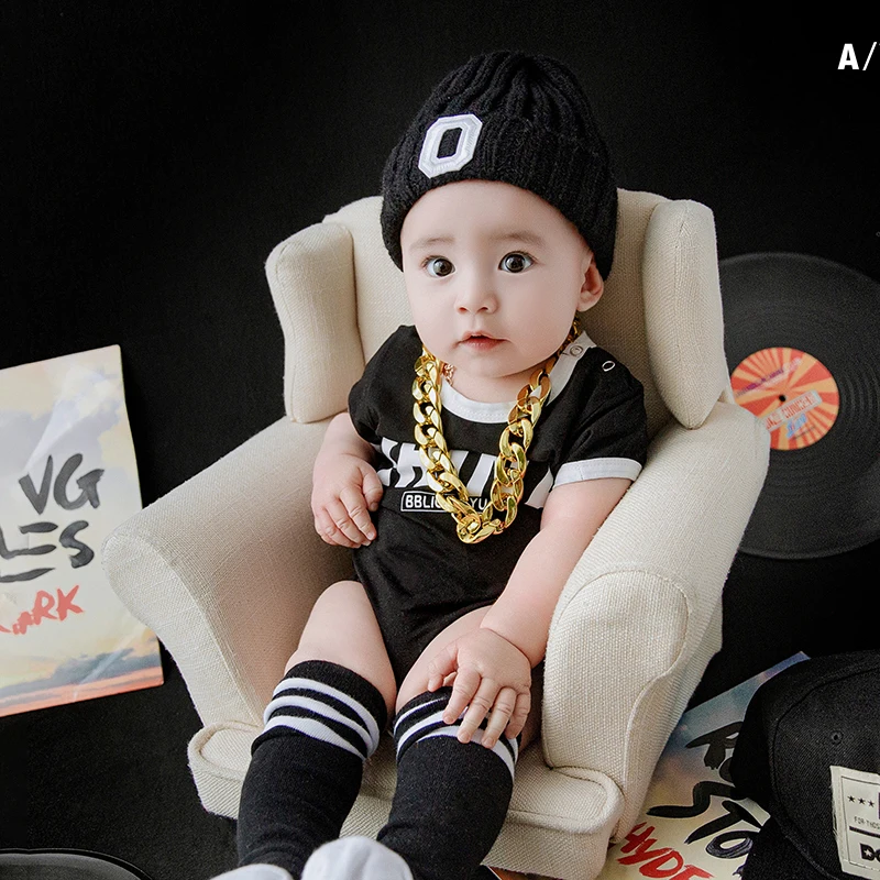 

Cool Boy Photo Clothing Hip-Hop Theme Necklace Peaked Cap 3-5 Months Baby Clothing + Hat + Headscarf Set Baby Photography Props