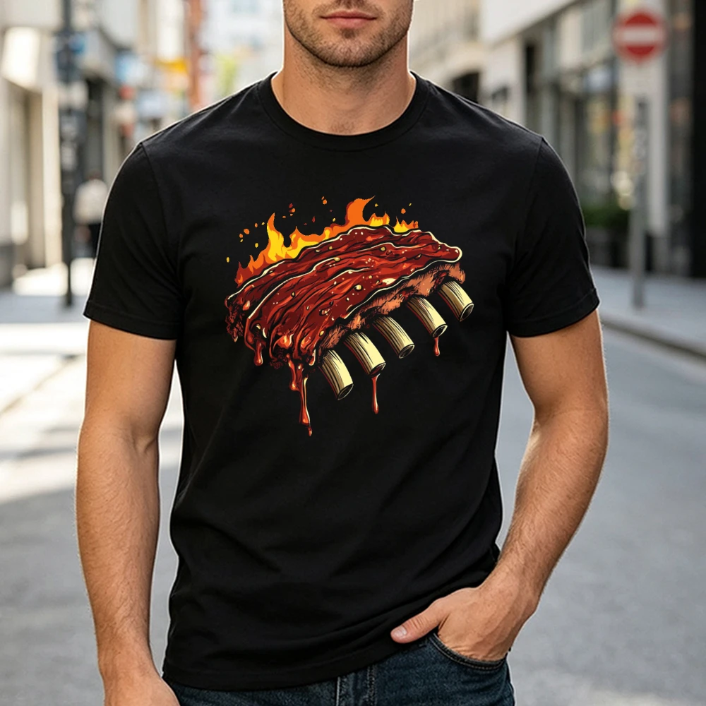 Flaming BBQ Ribs on Fire Men T Shirt Delicious Pork Meat Graphic Tee Backyard Grill Party Foodie T Shirt