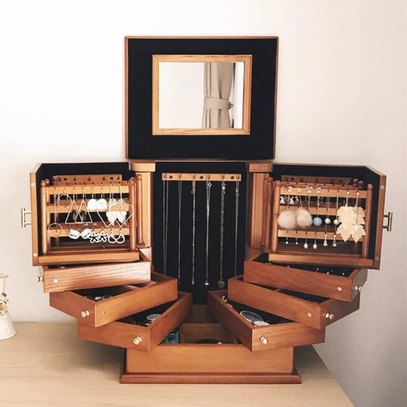 

Multi-layer solid wood jewelry box household retro European princess high-end earrings jewelry storage box large capacity