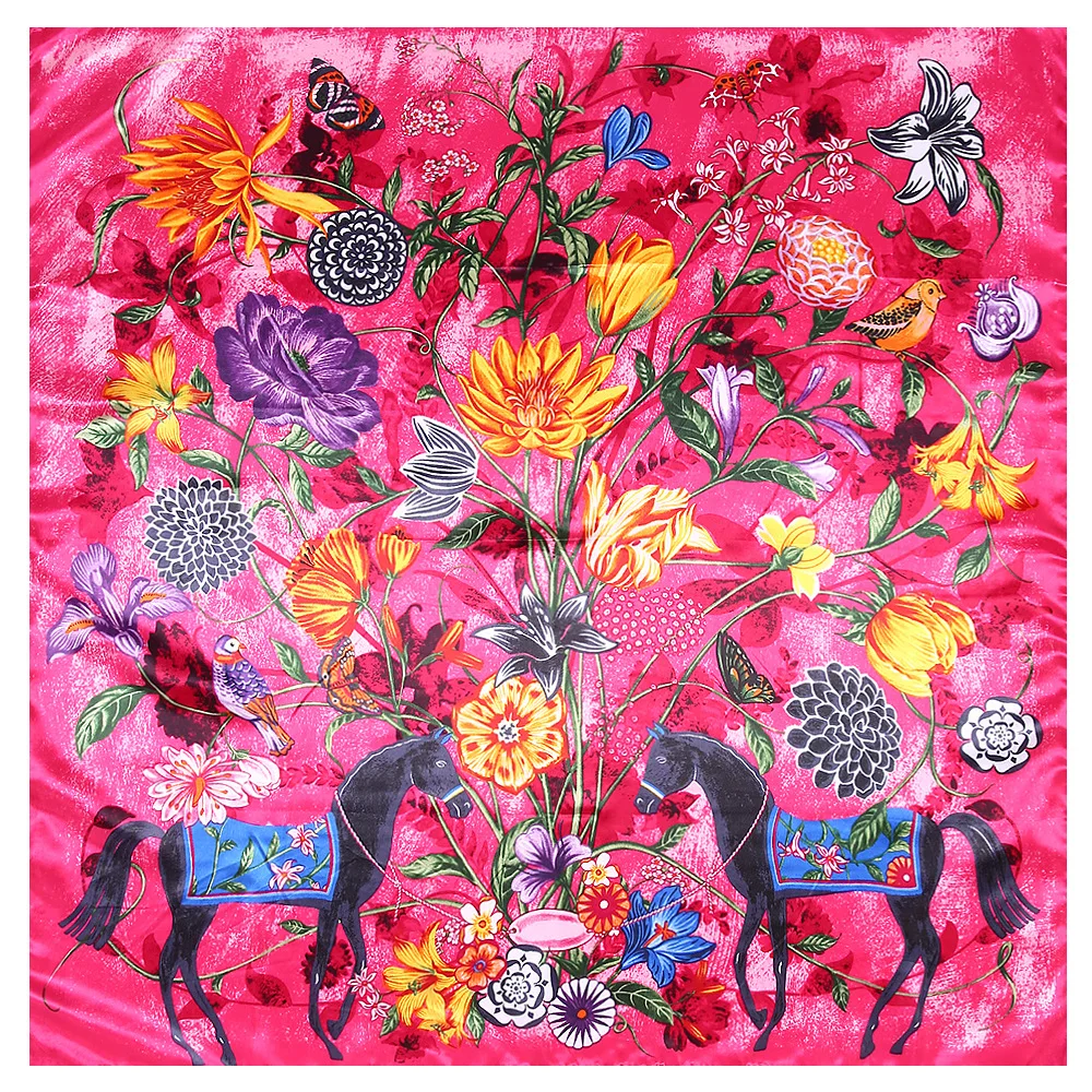 90x90cm Big Square Headwrap Silk Scarves Horse Printed Women Scarf Fashionable New Autumn Foulard Fabric Shawls 5 Colors