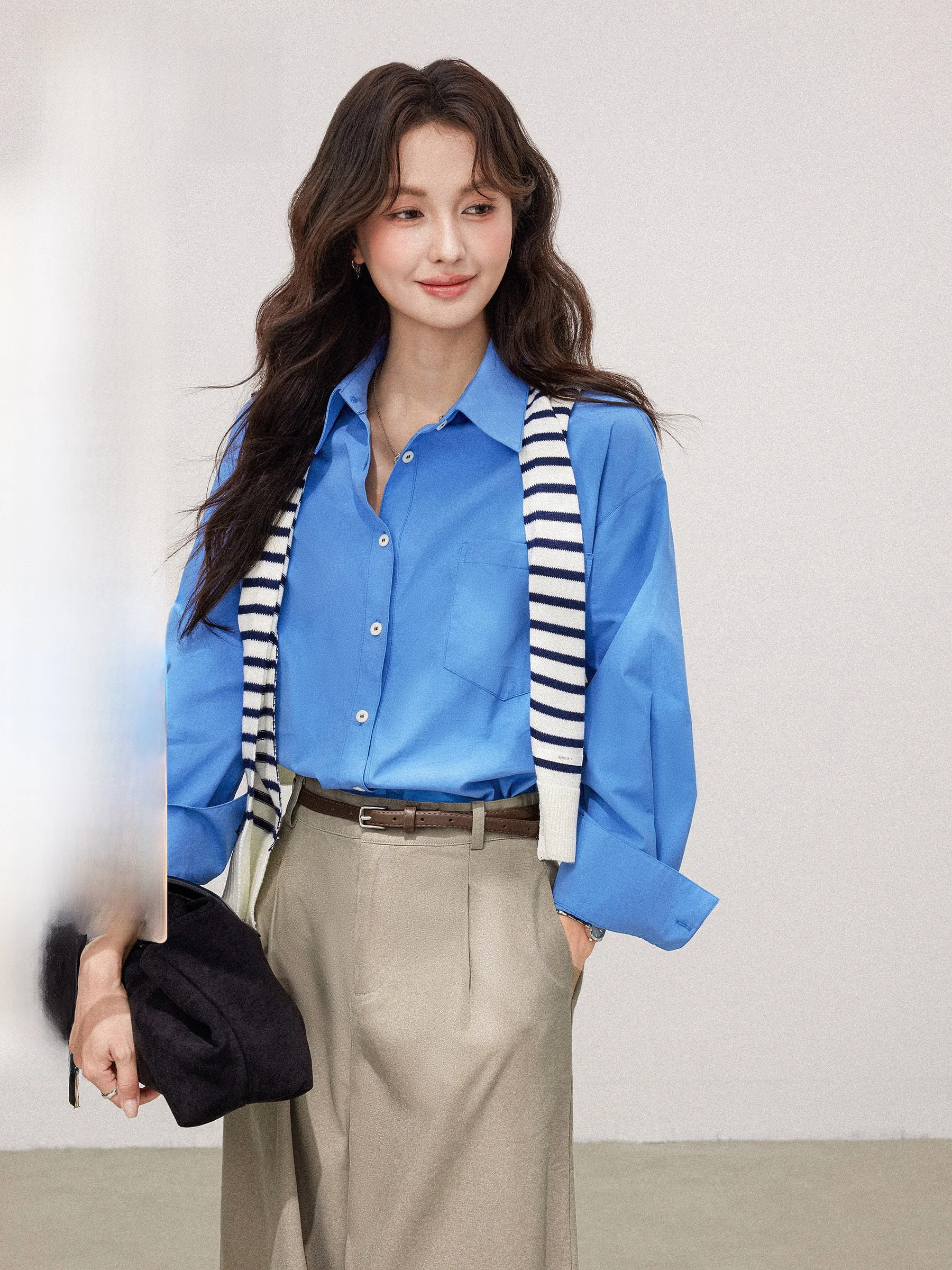 

Klein Blue Striped Long Sve irt Женский ранний осенний корейский кардиган свободного покроя на пуговицах irt