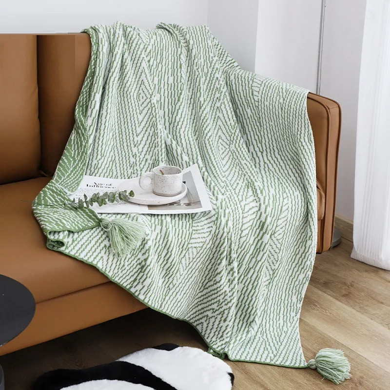 Nordic Knitted Blanket with Tassels Green Decorative Textured Blankets for Sofa Bed Throw Lightweight Chunky Knit Throw Plaids