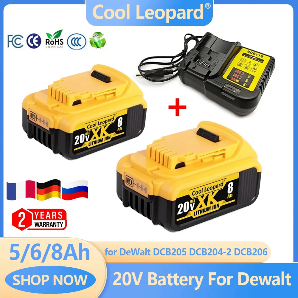 

100% Original Battery 2PCS for DeWalt 20V 8Ah Rechargeable Lithium Battery Power Tools with Charger Cell DCB205 DCB204-2 DCB206