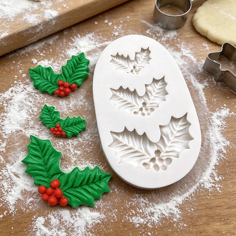 Holly Berry Weihnachten Silikon Sugar craft Form Harz Werkzeuge Cupcake Backform Fondant Kuchen Dekorations werkzeuge – Detail 4