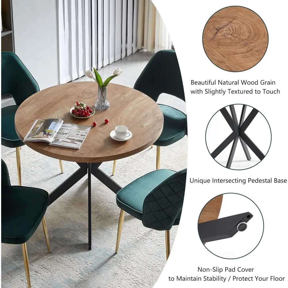 Round Dining Table Set for 4, Natural Wood Grain Dining Table MDF Easy Clean with Durable Metal Legs