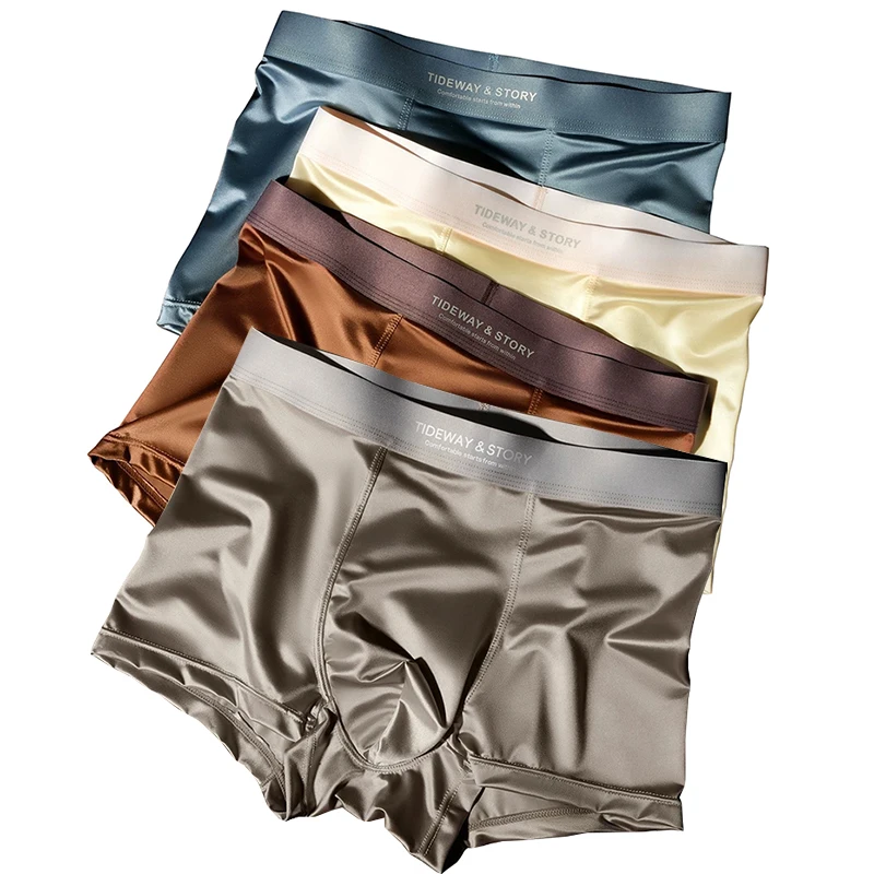 

4PCS Men's Underwear Ice Silk High-End Men's Light Luxury Satin Silk Breathable Flat Corner Four Cornered Shorts Without 2027