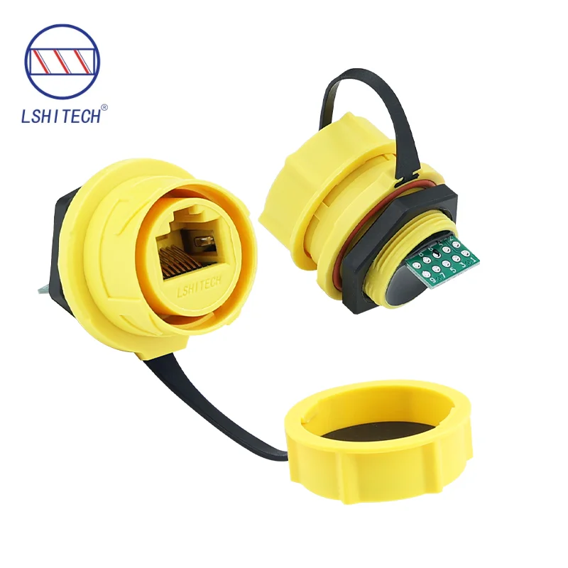 Lshitech IP68 Waterproof Connector RJ45 Panel Mount Shielded Panel Mount Bulkhead Ethernet Welding Connector for CAT6/CAT5E/CAT5
