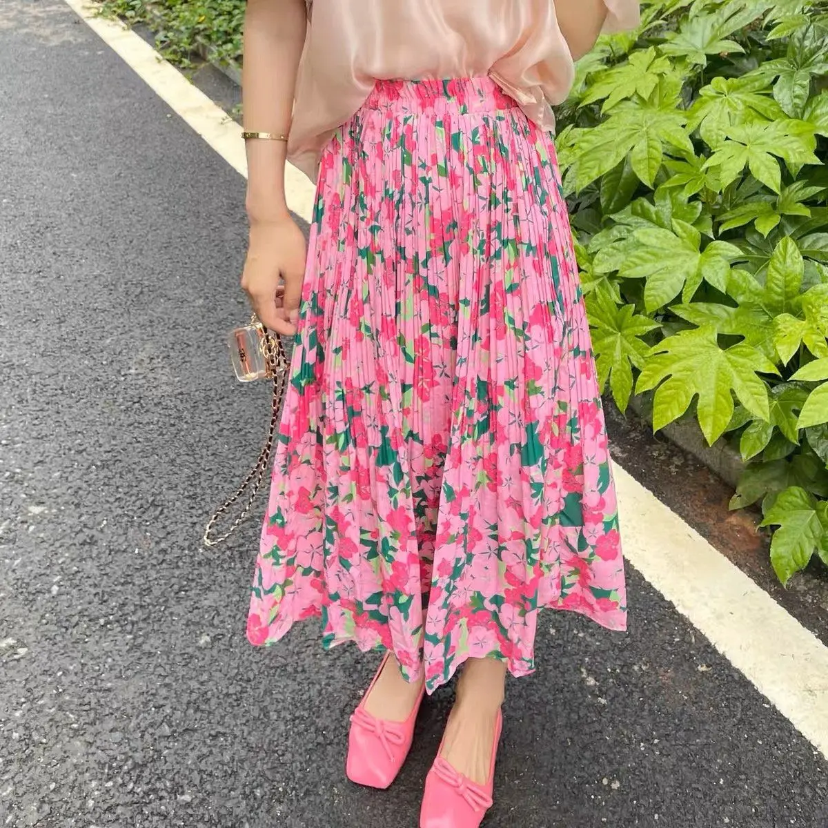 Wedbleser Colorful Peach Blossom Floral A-line Pleat Skirt 2025 Summer New Mid Length Women Elastic High Waisted Umbrella Skirt