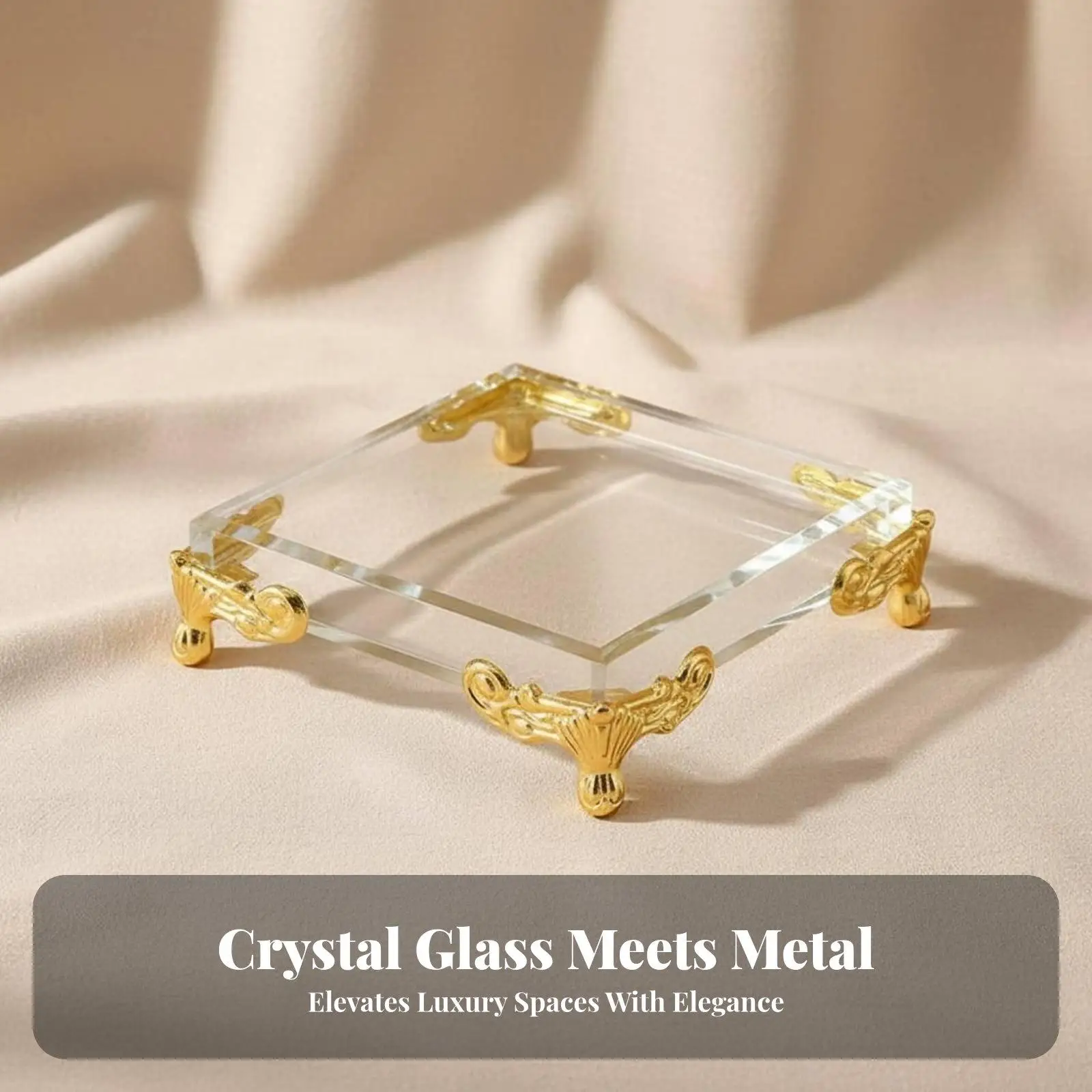 Sturdy Crystal and Metal Display Base with Ornate Feet for Figurines Rings Mineral Specimens Countertop Decor