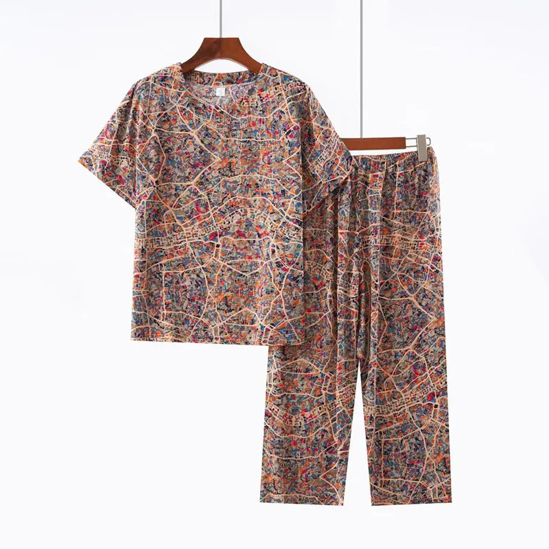 Conjunto de pijamas de manga curta feminino, roupa de casa de duas peças, estampada feminina, mãe de meia idade, verão