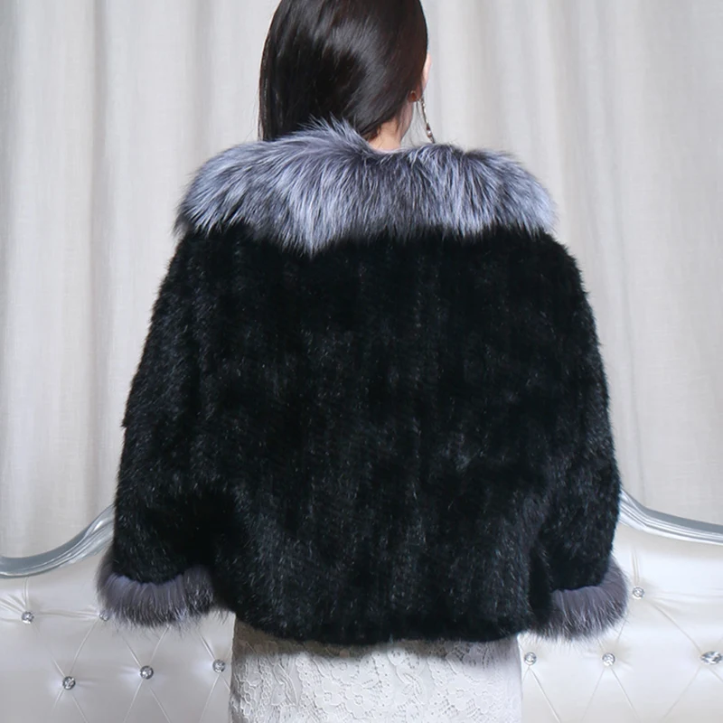 Real  Genuine Natural mink  coat for women Fashion Knit Jacket Cape fox fur collar shawl white knitted autumn winter coat