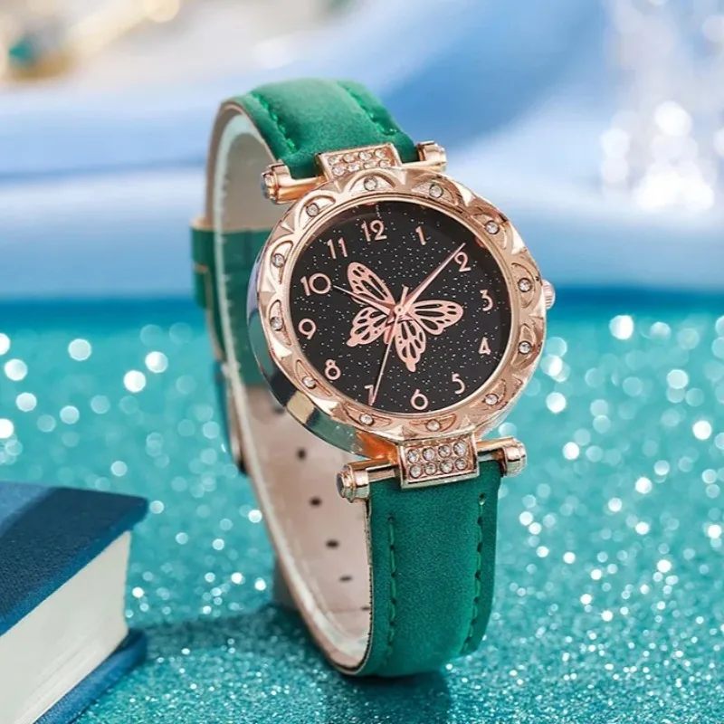 

2025 Ретро маленький круглый циферблат со стразами и бабочкой кварцевые часы для женщин роскошный золотой кожаный ремешок женские наручные часы