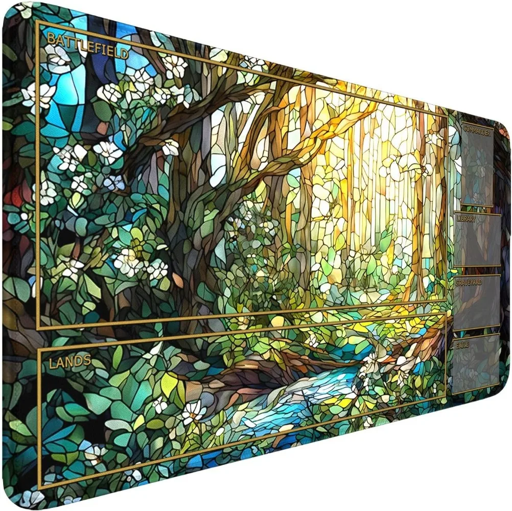 Stained Glass Forest Scenery Playmat Non-Slip Natural Rubber Large 60*35cm Table Game Pad With Zones Trading Card Game Mouse pad