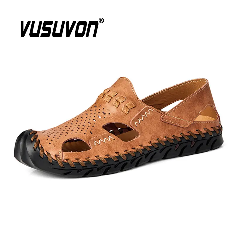 Men Fashion Summer New Casual Sandals Genuine Leather Adult Thick-Soled Beach Shoes Non-slip Keep Toe Black Flats