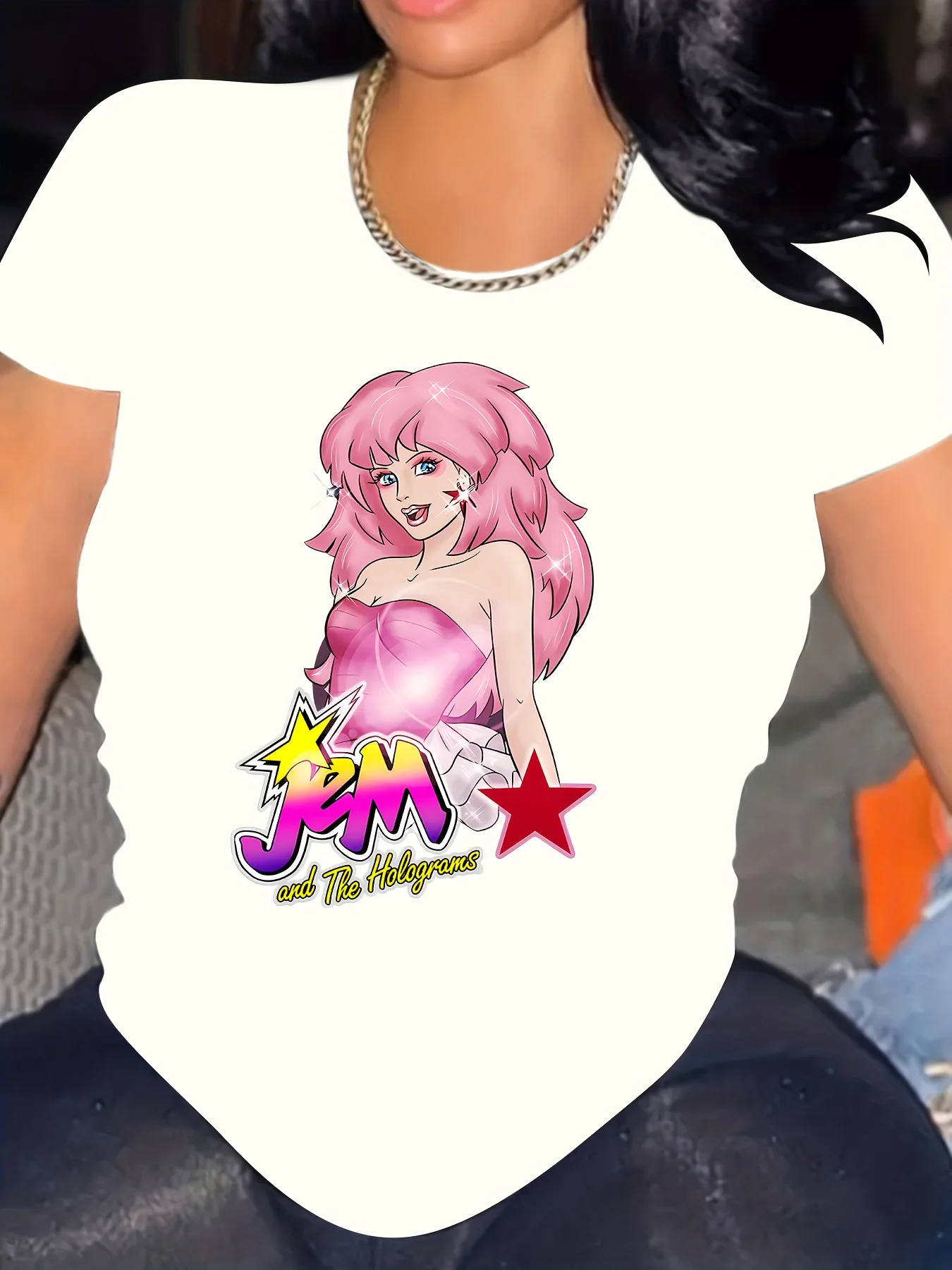 Jem and The Holograms Inspired Women's T-Shirt - 100% Polyester Casual Crew Neck Medium Stretch Knit Fabric