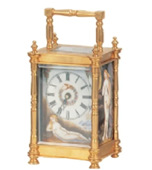 Antique Gilt Imitated 19th French Mid  Gilt Brass Faux Bamboo Cased 8 Day Repeater Carriage Clock Cloisonne Enamel Art Painting