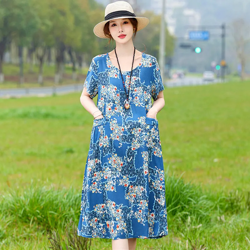 

XL-6XL Printed Cotton Rayon Sleepwear Dress Large Size Loose Women's Nightgowns Summer Nightdress Female Home Wear Night Shirt