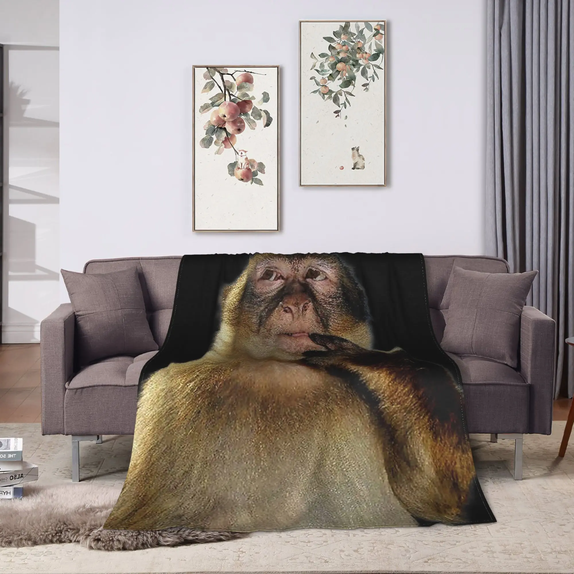 Soft BlanketKids Adult Picnic Thinking Monkey Meme Bedding Throws  Flannel Bedspread For Home Decor Graphic Sofa Bed Cover