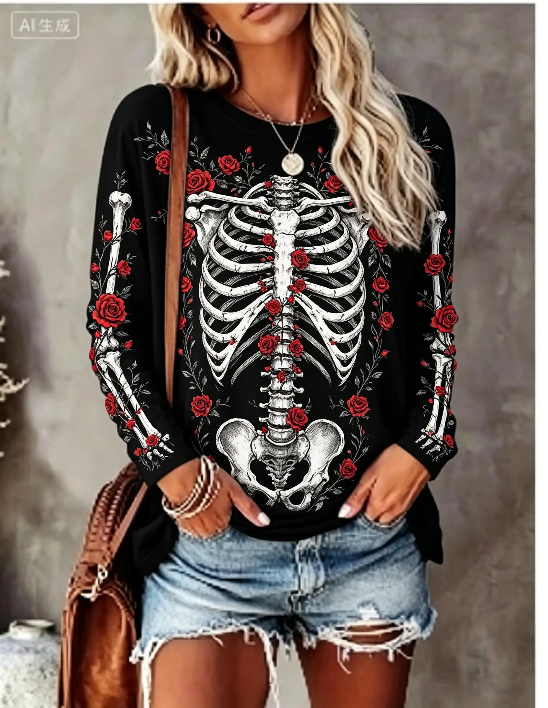 Women Halloween Long Sleeve T‑Shirt Full Skeleton Bone Anatomy Gothic Print Crew Neck Fall Tops