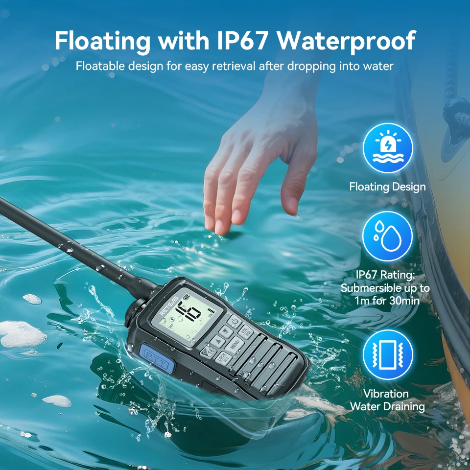 Retevis RM01P IP67 Walkie Talkie Tahan Air Baterai Tahan Lama Radio Laut Portabel Tipe-c Desain Mengambang untuk Berperahu Memancing
