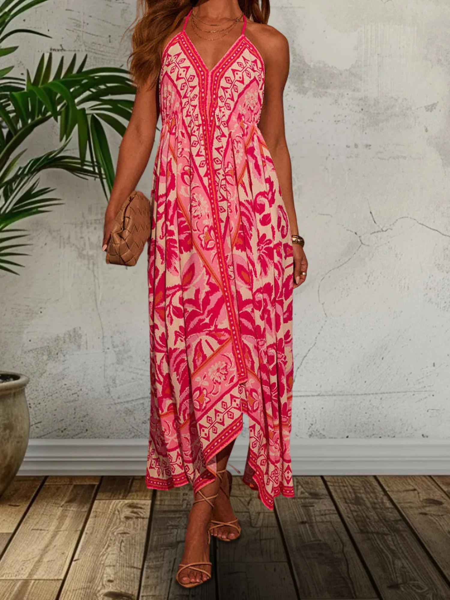 

Элегантное платье с бретелькой на шее с цветочным принтом, завязкой на талии и открытой спиной, идеально подходящее для повседневной носки и вечеринок